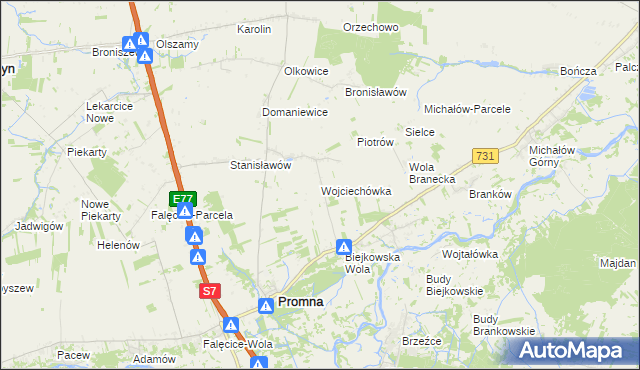 mapa Wojciechówka gmina Promna, Wojciechówka gmina Promna na mapie Targeo