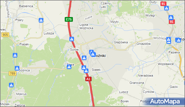 mapa Woźniki powiat lubliniecki, Woźniki powiat lubliniecki na mapie Targeo