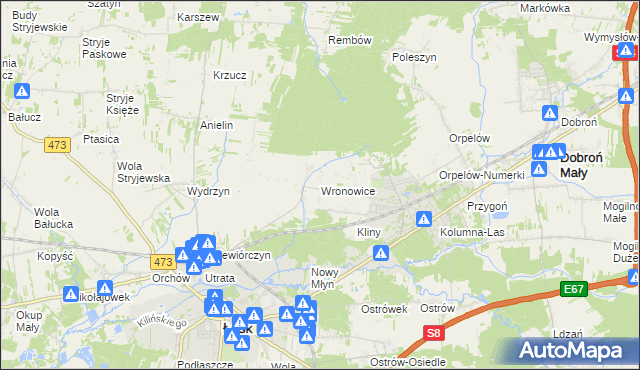 mapa Wronowice gmina Łask, Wronowice gmina Łask na mapie Targeo