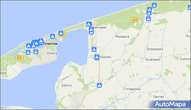 mapa Wrzosowo gmina Kamień Pomorski, Wrzosowo gmina Kamień Pomorski na mapie Targeo