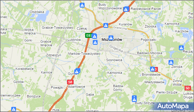 mapa Wymysłów gmina Mszczonów, Wymysłów gmina Mszczonów na mapie Targeo