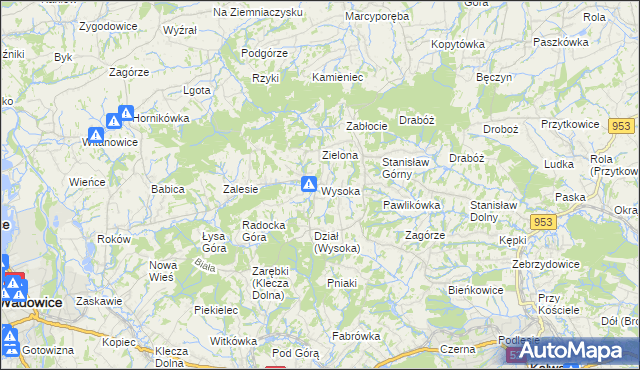 mapa Wysoka gmina Wadowice, Wysoka gmina Wadowice na mapie Targeo