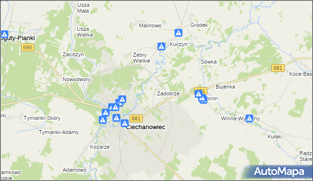 mapa Zadobrze gmina Ciechanowiec, Zadobrze gmina Ciechanowiec na mapie Targeo