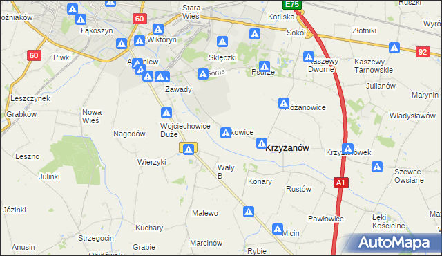 mapa Żakowice gmina Krzyżanów, Żakowice gmina Krzyżanów na mapie Targeo