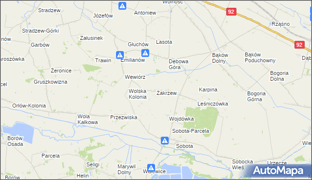 mapa Zakrzew gmina Bielawy, Zakrzew gmina Bielawy na mapie Targeo