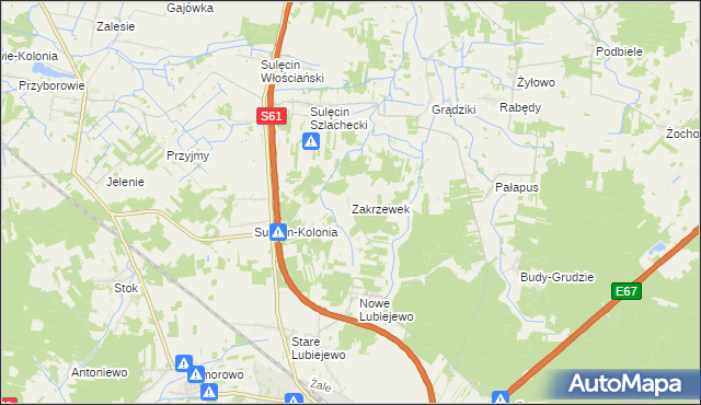 mapa Zakrzewek gmina Ostrów Mazowiecka, Zakrzewek gmina Ostrów Mazowiecka na mapie Targeo