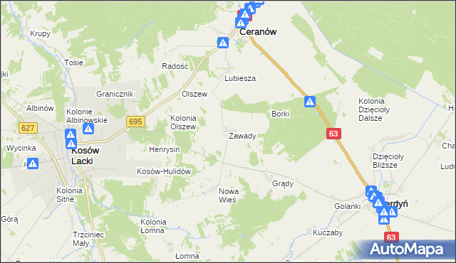 mapa Zawady gmina Ceranów, Zawady gmina Ceranów na mapie Targeo