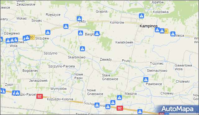 mapa Zawady gmina Kampinos, Zawady gmina Kampinos na mapie Targeo