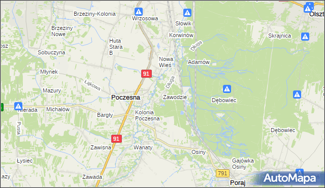 mapa Zawodzie gmina Poczesna, Zawodzie gmina Poczesna na mapie Targeo