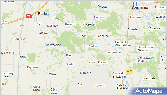 mapa Andrzejów gmina Rusiec, Andrzejów gmina Rusiec na mapie Targeo