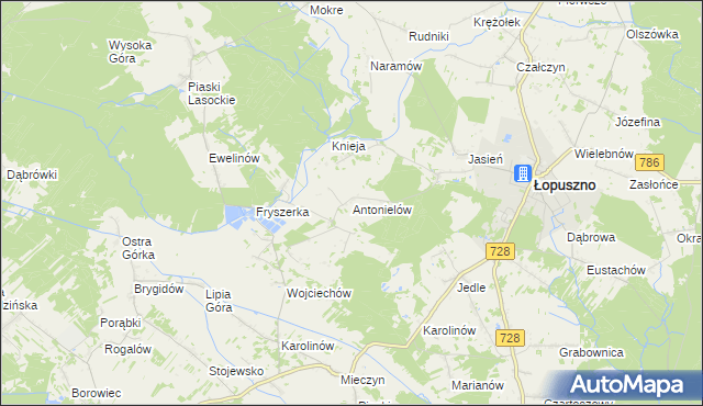 mapa Antonielów gmina Łopuszno, Antonielów gmina Łopuszno na mapie Targeo