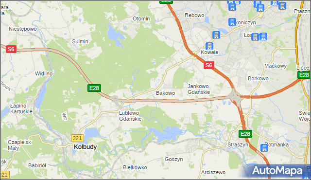 mapa Bąkowo gmina Kolbudy, Bąkowo gmina Kolbudy na mapie Targeo
