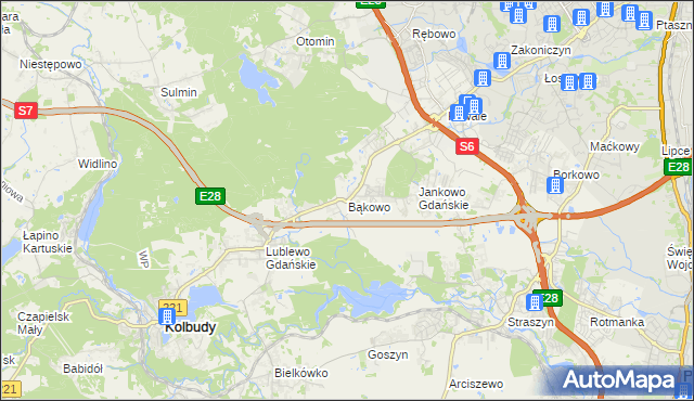 mapa Bąkowo gmina Kolbudy, Bąkowo gmina Kolbudy na mapie Targeo