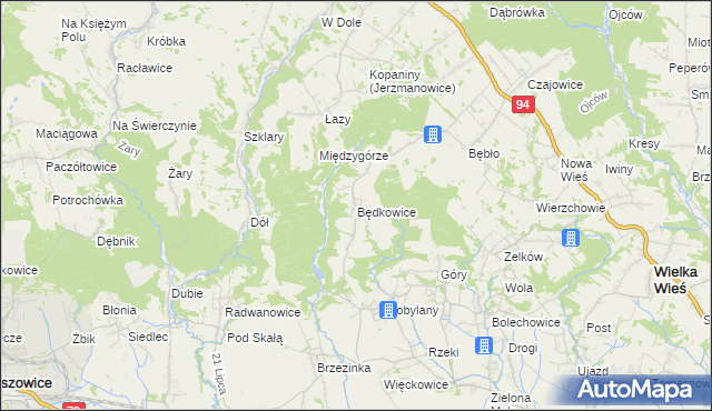 mapa Będkowice gmina Wielka Wieś, Będkowice gmina Wielka Wieś na mapie Targeo