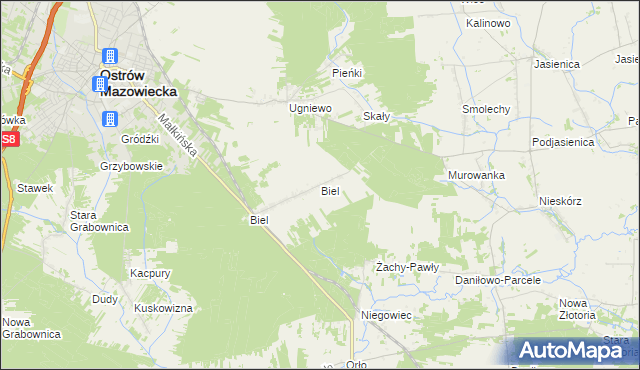 mapa Biel gmina Ostrów Mazowiecka, Biel gmina Ostrów Mazowiecka na mapie Targeo