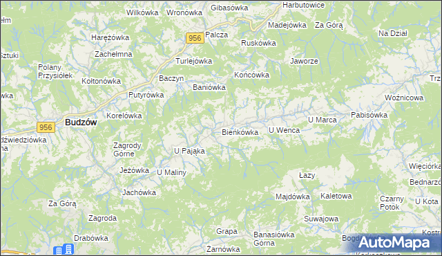 mapa Bieńkówka gmina Budzów, Bieńkówka gmina Budzów na mapie Targeo