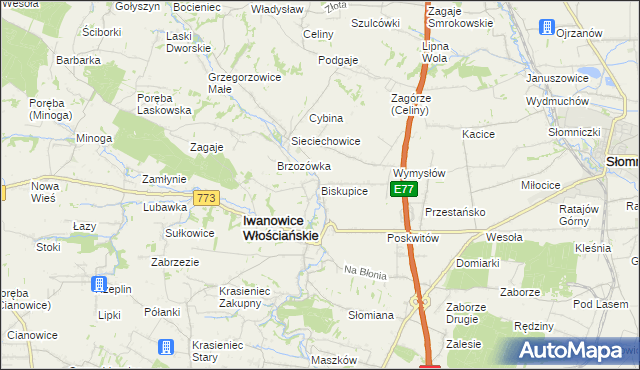 mapa Biskupice gmina Iwanowice, Biskupice gmina Iwanowice na mapie Targeo