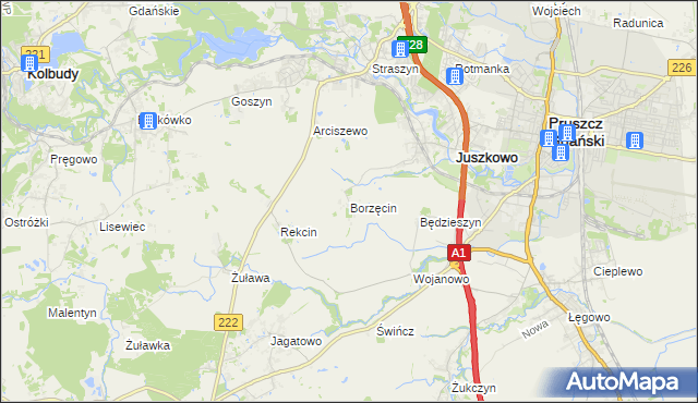 mapa Borzęcin gmina Pruszcz Gdański, Borzęcin gmina Pruszcz Gdański na mapie Targeo