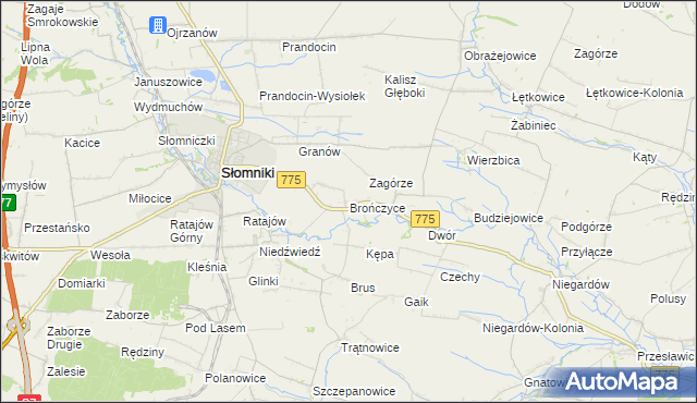 mapa Brończyce gmina Słomniki, Brończyce gmina Słomniki na mapie Targeo