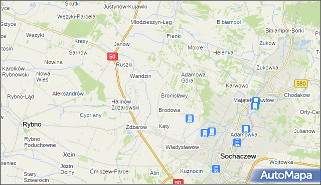 mapa Bronisławy gmina Sochaczew, Bronisławy gmina Sochaczew na mapie Targeo