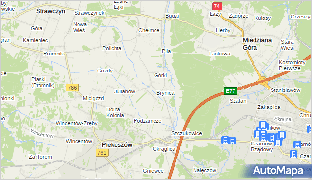 mapa Brynica gmina Piekoszów, Brynica gmina Piekoszów na mapie Targeo