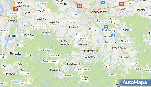 mapa Brzezinka gmina Andrychów, Brzezinka gmina Andrychów na mapie Targeo