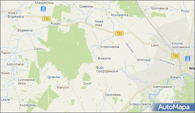 mapa Brzezinki gmina Warka, Brzezinki gmina Warka na mapie Targeo