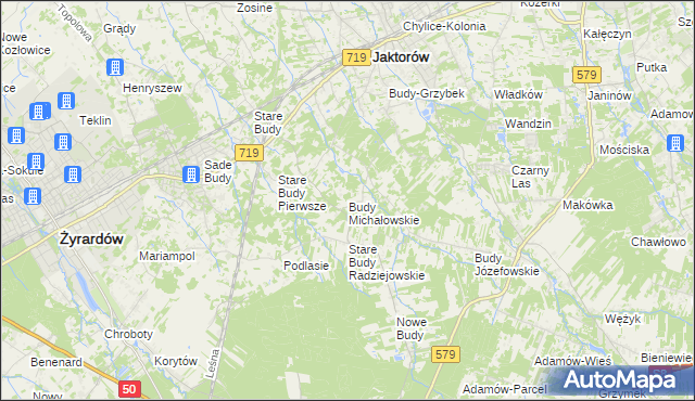 mapa Budy Michałowskie gmina Jaktorów, Budy Michałowskie gmina Jaktorów na mapie Targeo
