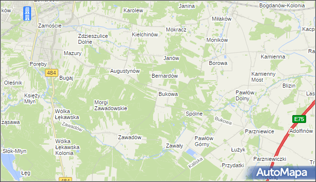 mapa Bukowa gmina Bełchatów, Bukowa gmina Bełchatów na mapie Targeo