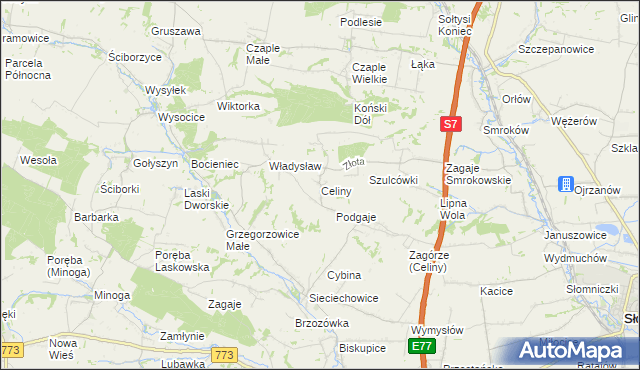 mapa Celiny gmina Iwanowice, Celiny gmina Iwanowice na mapie Targeo