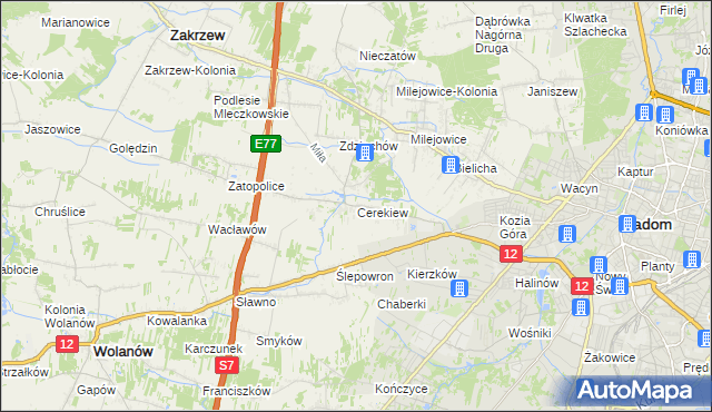 mapa Cerekiew gmina Zakrzew, Cerekiew gmina Zakrzew na mapie Targeo