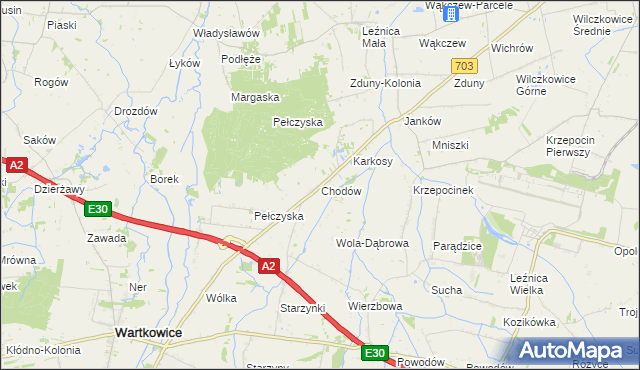 mapa Chodów gmina Wartkowice, Chodów gmina Wartkowice na mapie Targeo