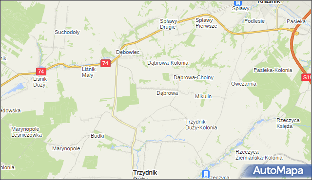 mapa Dąbrowa gmina Trzydnik Duży, Dąbrowa gmina Trzydnik Duży na mapie Targeo