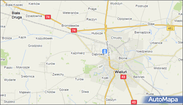 mapa Dąbrowa gmina Wieluń, Dąbrowa gmina Wieluń na mapie Targeo