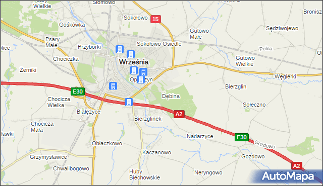 mapa Dębina gmina Września, Dębina gmina Września na mapie Targeo