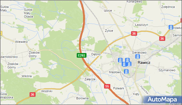mapa Dębno gmina Rawicz, Dębno gmina Rawicz na mapie Targeo