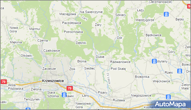 mapa Dubie gmina Krzeszowice, Dubie gmina Krzeszowice na mapie Targeo