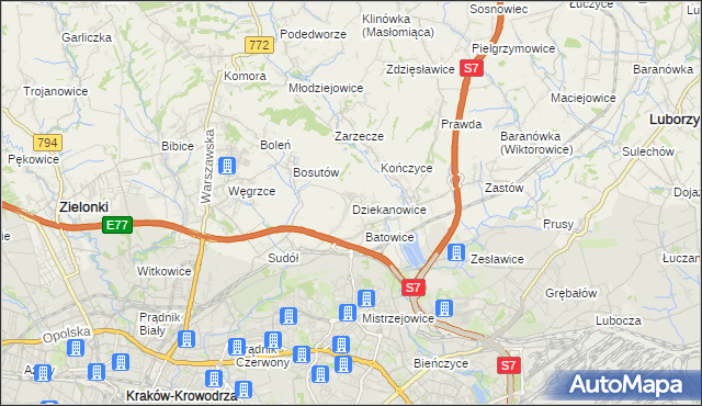 mapa Dziekanowice gmina Zielonki, Dziekanowice gmina Zielonki na mapie Targeo