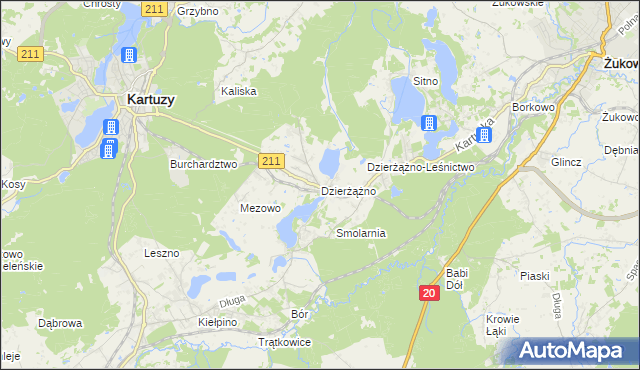 mapa Dzierżążno gmina Kartuzy, Dzierżążno gmina Kartuzy na mapie Targeo