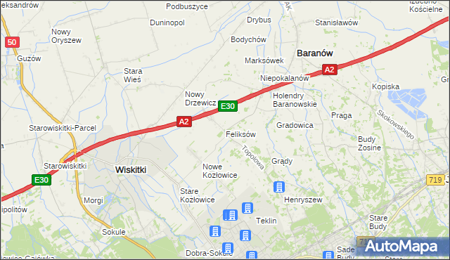 mapa Feliksów gmina Wiskitki, Feliksów gmina Wiskitki na mapie Targeo