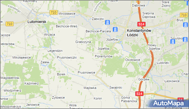 mapa Florentynów gmina Lutomiersk, Florentynów gmina Lutomiersk na mapie Targeo