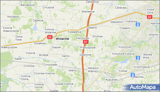 mapa Franciszków gmina Wolanów, Franciszków gmina Wolanów na mapie Targeo