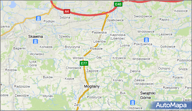 mapa Gaj gmina Mogilany, Gaj gmina Mogilany na mapie Targeo