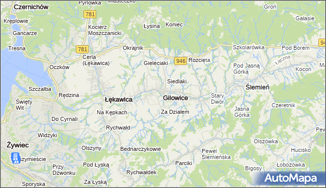 mapa Gilowice powiat żywiecki, Gilowice powiat żywiecki na mapie Targeo