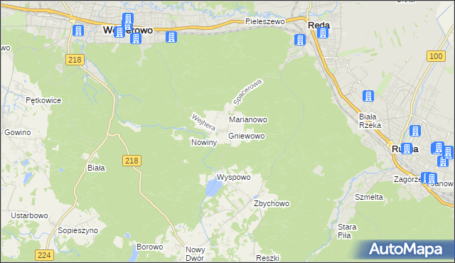 mapa Gniewowo gmina Wejherowo, Gniewowo gmina Wejherowo na mapie Targeo