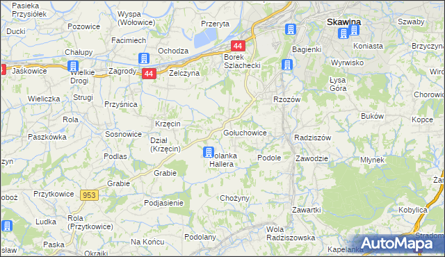 mapa Gołuchowice gmina Skawina, Gołuchowice gmina Skawina na mapie Targeo