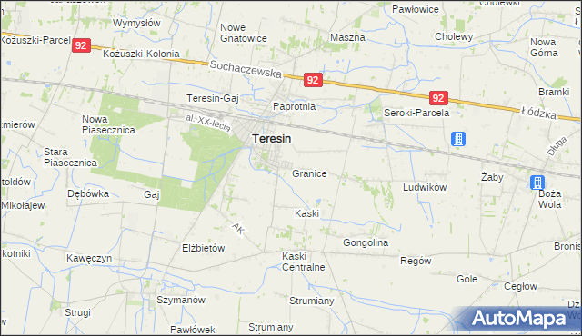 mapa Granice gmina Teresin, Granice gmina Teresin na mapie Targeo