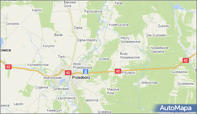 mapa Grobla gmina Przedbórz, Grobla gmina Przedbórz na mapie Targeo