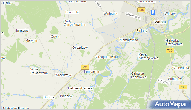 mapa Grzegorzewice gmina Warka, Grzegorzewice gmina Warka na mapie Targeo