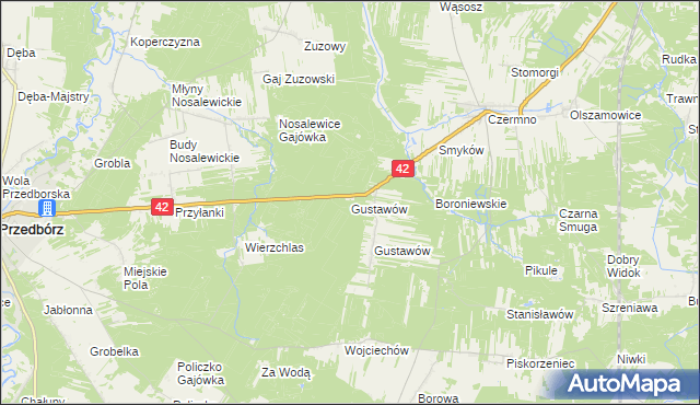 mapa Gustawów gmina Przedbórz, Gustawów gmina Przedbórz na mapie Targeo